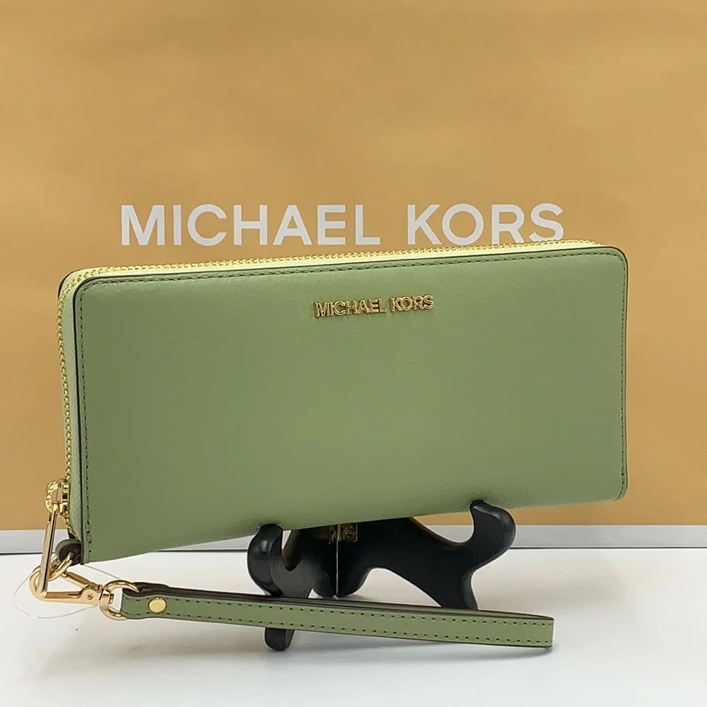MICHAEL KORS Leather Continental Wristlet Phone Case Wallet Light Sage NWT